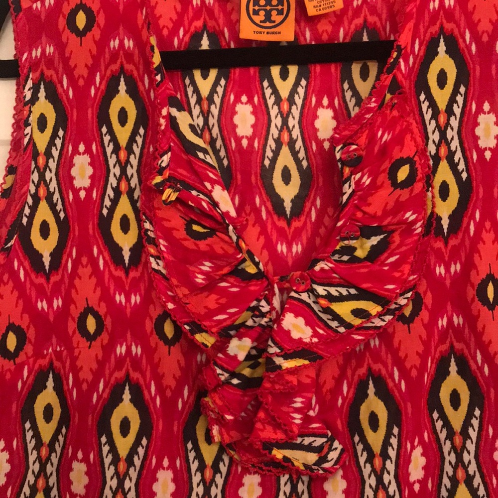 Tory Burch Red Patterned Top with Ruffle Front - Picture 2 of 5